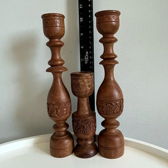 Vintage Set of 3 Hand Carved Wooden Candlesticks Boho Home Decor India - Picture 9 of 9